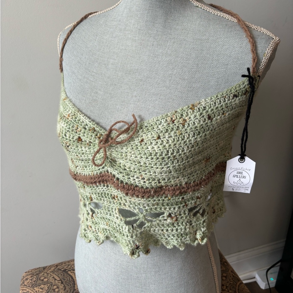 DRAGONFLY CROCHET LACE UP HALTER TOP HANDMADE SIZE L ONE OF A KIND
